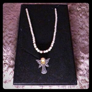 Pearl Necklace W/silver &Cubic accents & Pearl Pin
